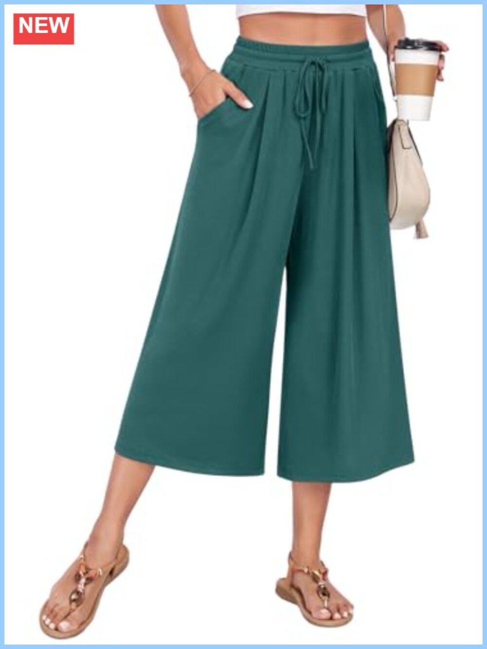 Wide Leg Capri Pants High Waist Culottes with Pockets Stretch Polyester Spandex